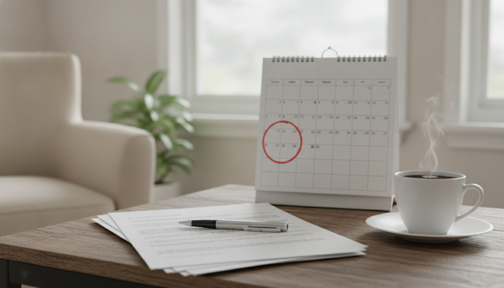 Bail, calendrier et café sur une table — planifier une hausse de loyer au Québec