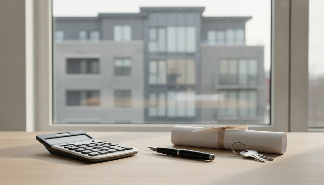Calculatrice, bail et clés sur un bureau devant un immeuble locatif — augmentation de loyer 2026 au Québec
