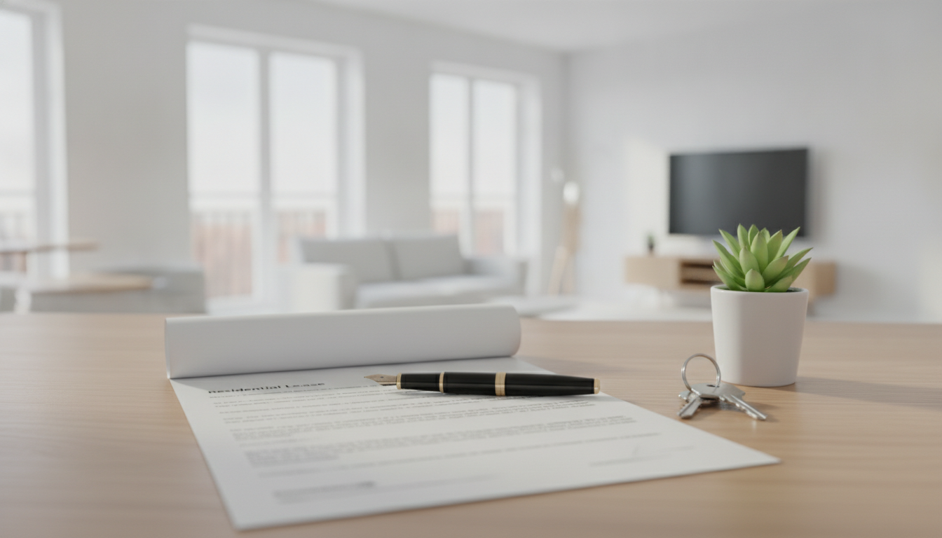 Bail de logement, stylo et clés sur un bureau devant un appartement lumineux, au Québec