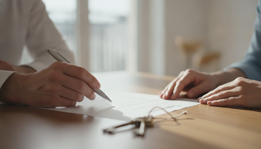 Deux personnes signant un bail de logement à une table