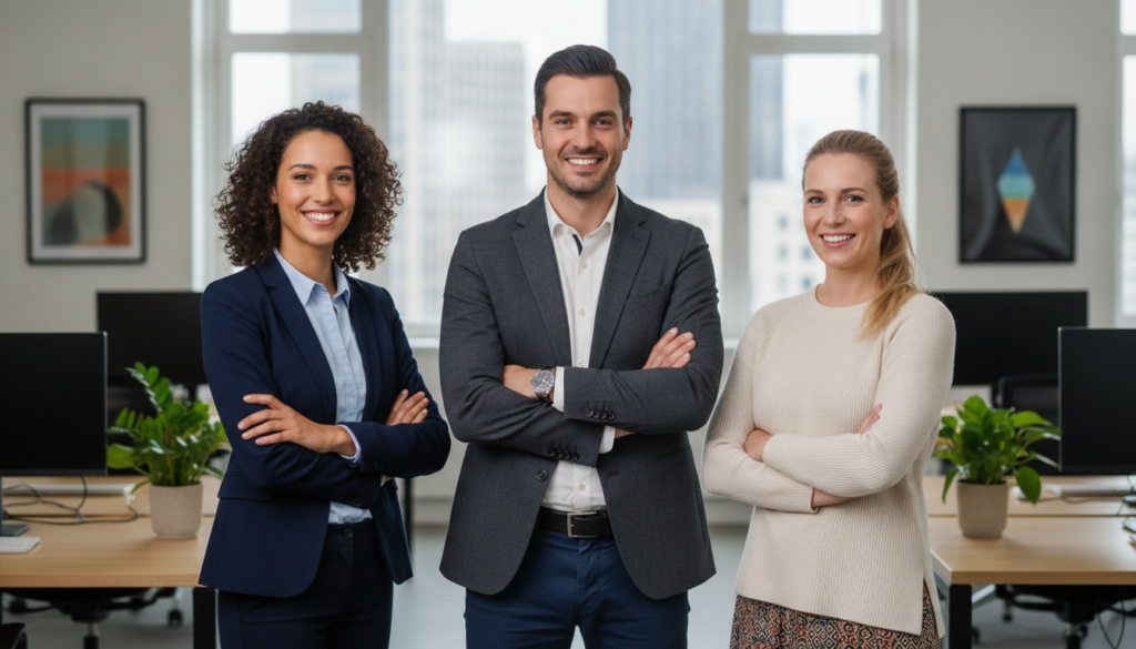 Équipe de gestion immobilière professionnelle et accueillante dans un bureau moderne