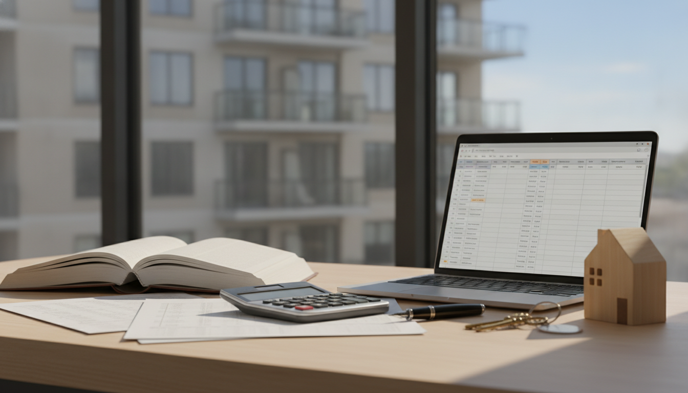 États financiers, calculatrice et maquette de maison sur un bureau devant un immeuble locatif à Gatineau