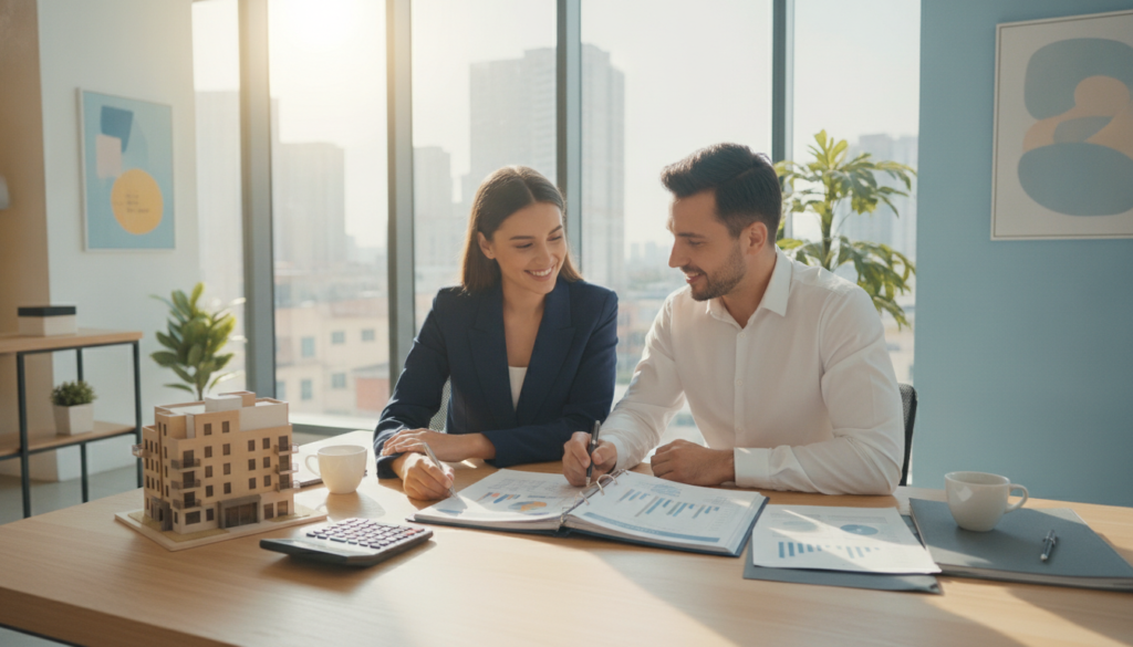 Propriétaire et gestionnaire examinant un rapport financier de gestion locative