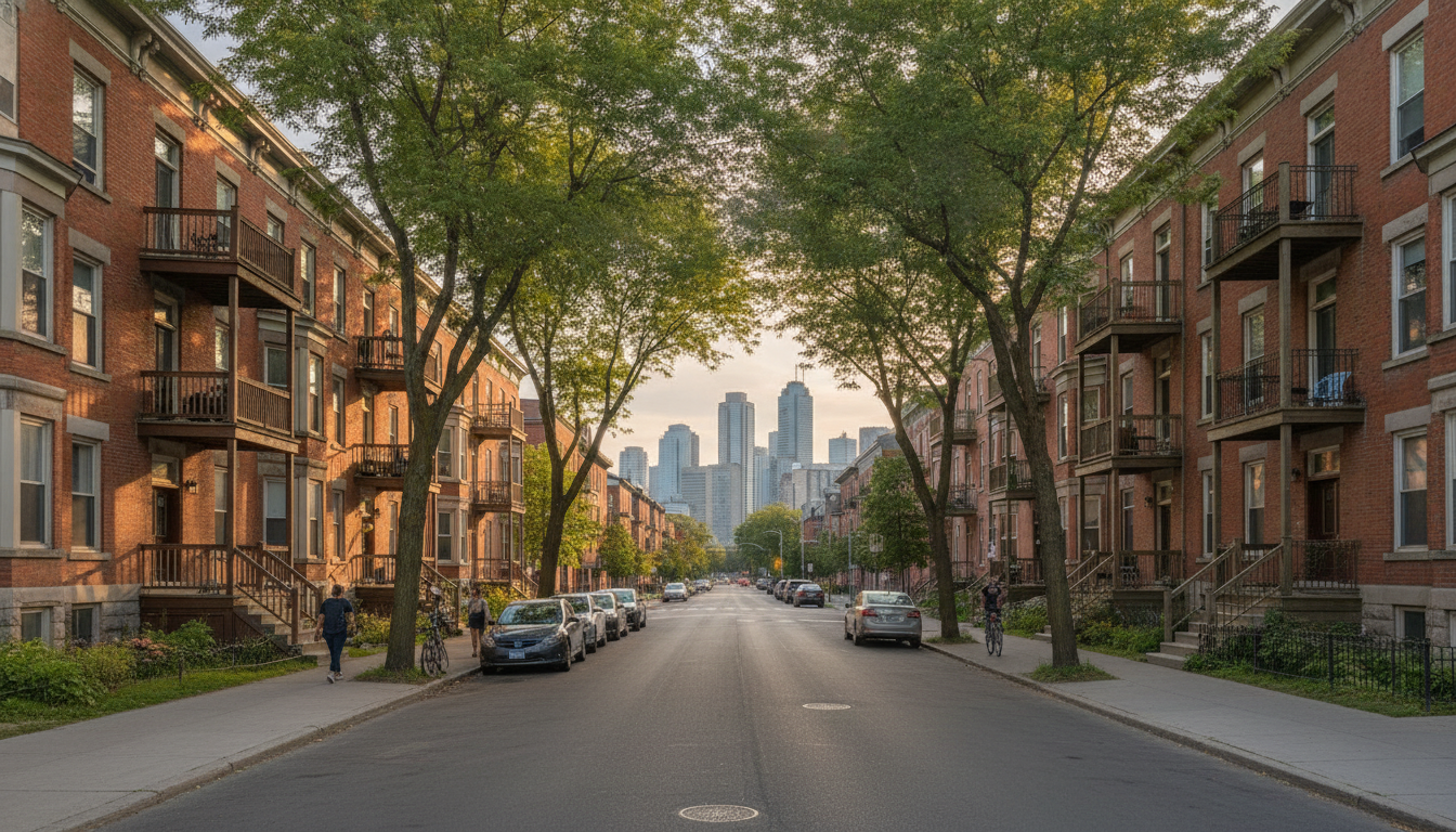 Rue résidentielle d'immeubles en brique à Hull, Gatineau, avec le centre-ville en arrière-plan