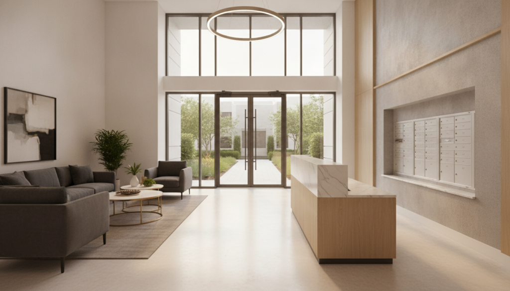Hall d'entrée propre et bien entretenu d'un immeuble locatif géré, à Hull