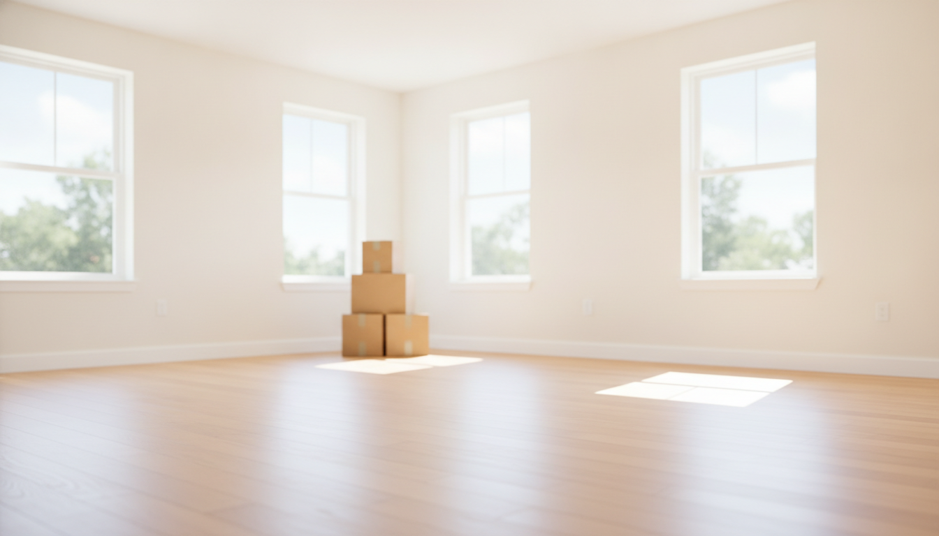 Appartement vide lumineux fraîchement préparé pour la relocation, avec boîtes de déménagement