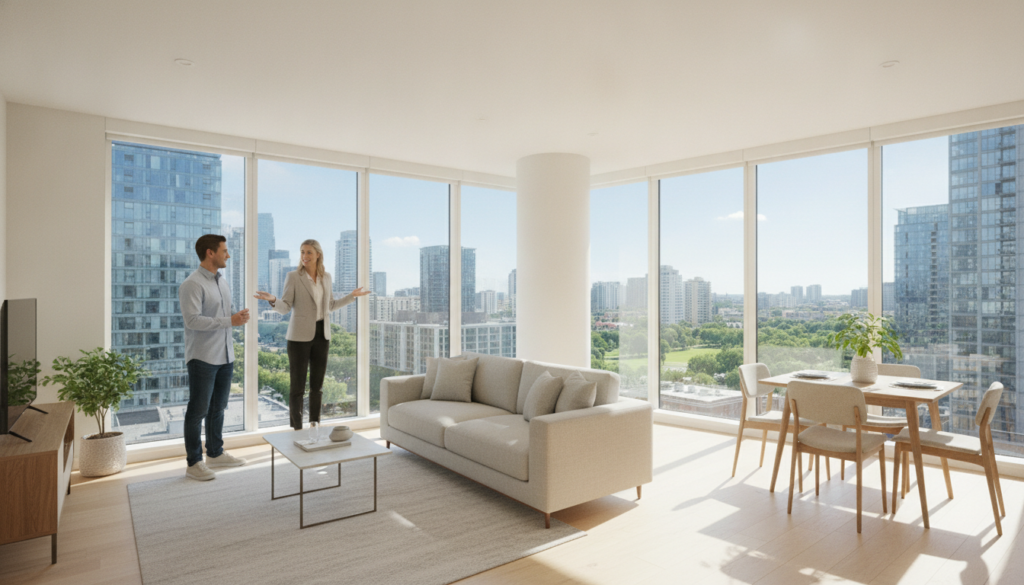Gestionnaire faisant visiter un appartement lumineux à un locataire potentiel