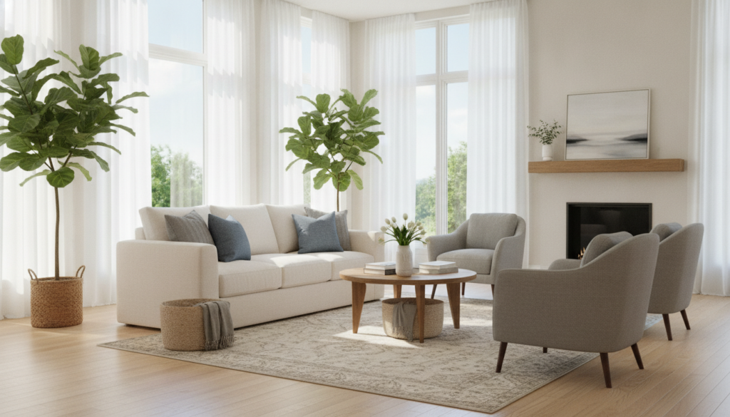 Salon lumineux et bien aménagé, prêt pour les photos d'une annonce de location